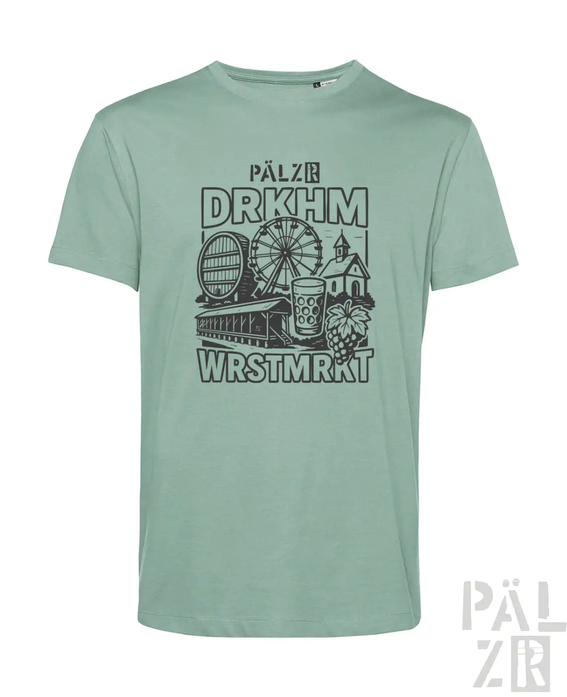 Minzgrünes T-Shirt mit Grafikdesign, das ein Riesenrad, ein Bierkrug und Brauereielemente zeigt.