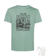 Minzgrünes T-Shirt mit Grafikdesign, das ein Riesenrad, ein Bierkrug und Brauereielemente zeigt.