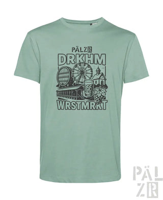 Minzgrünes T-Shirt mit Grafikdesign, das ein Riesenrad, ein Bierkrug und Brauereielemente zeigt.