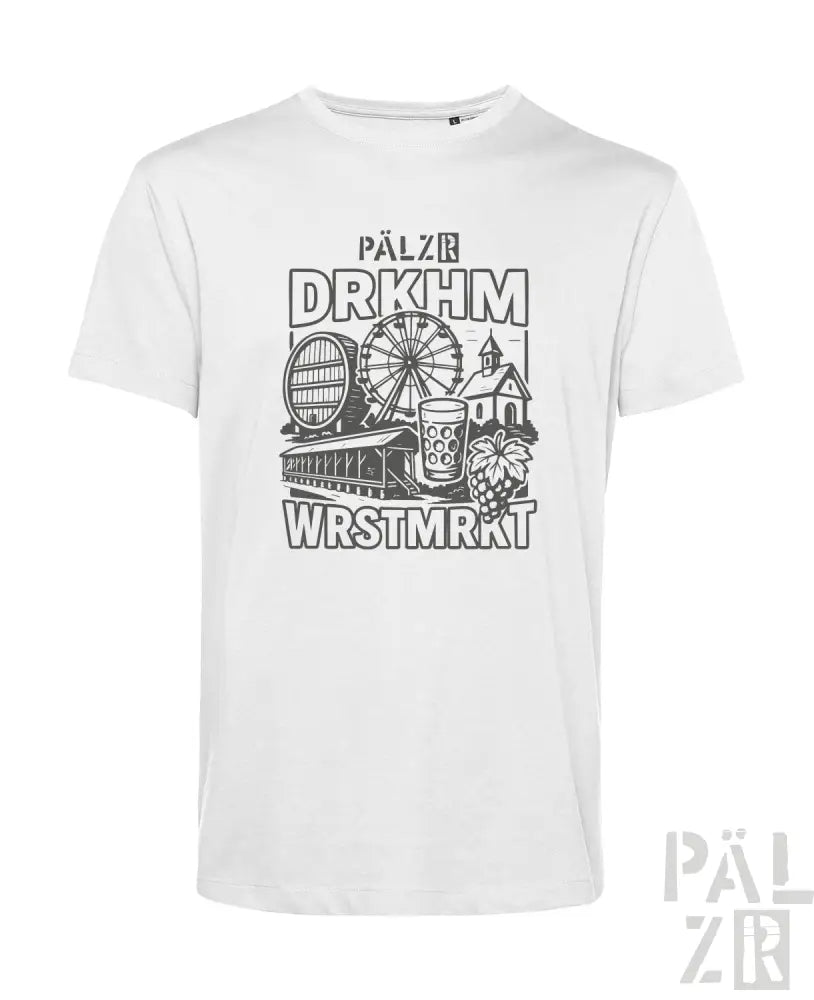 Weißes T-Shirt mit schwarzem Grafikdesign, das ein Riesenrad, ein Bierkrug und Trauben zeigt.