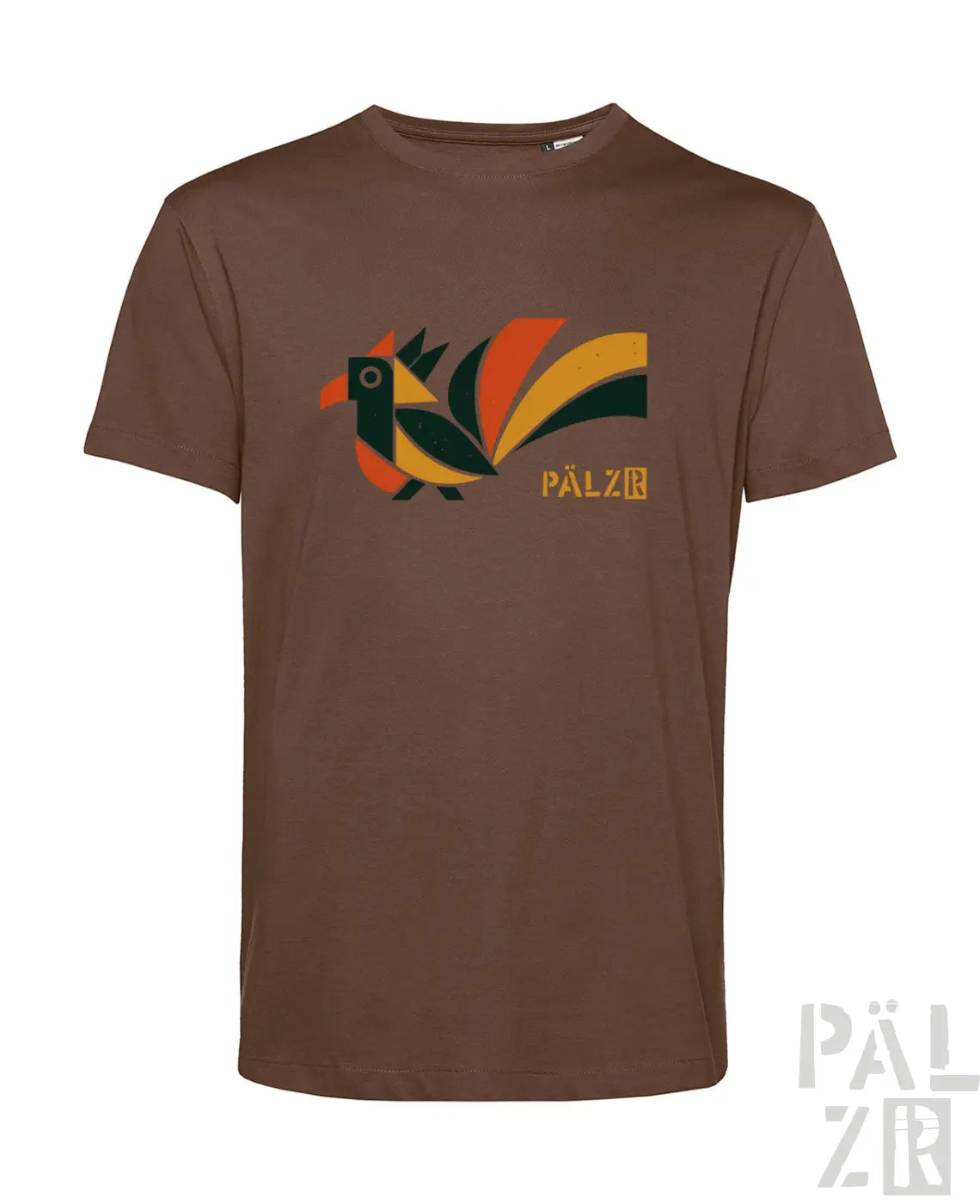 Braunes herren t-shirt mit kurzem arm und stilisiertem geometrischem vogelmotiv in orange gelb und dunkelgrün von pälzö