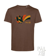 Braunes herren t-shirt mit kurzem arm und stilisiertem geometrischem vogelmotiv in orange gelb und dunkelgrün von pälzö