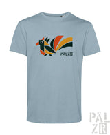 Hellblaues männer t-shirt elwedritsche mit buntem vogelmotiv in orange schwarz grün und markenname pälz