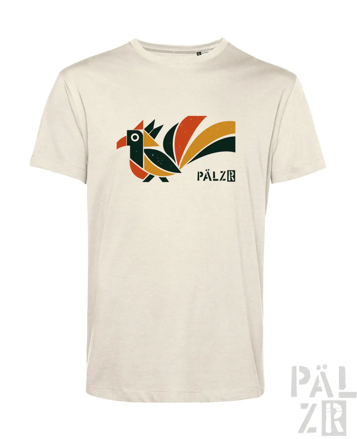 Männer t-shirt aus bio-baumwolle in creme mit farbigem elwedritsche vogeldruck und pälzb markenname