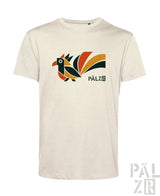 Männer t-shirt aus bio-baumwolle in creme mit farbigem elwedritsche vogeldruck und pälzb markenname