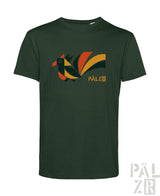 Dunkelgrünes männer t-shirt mit stylisiertem geometrischem vogelmotiv in orange und gelb und pälzö schriftzug