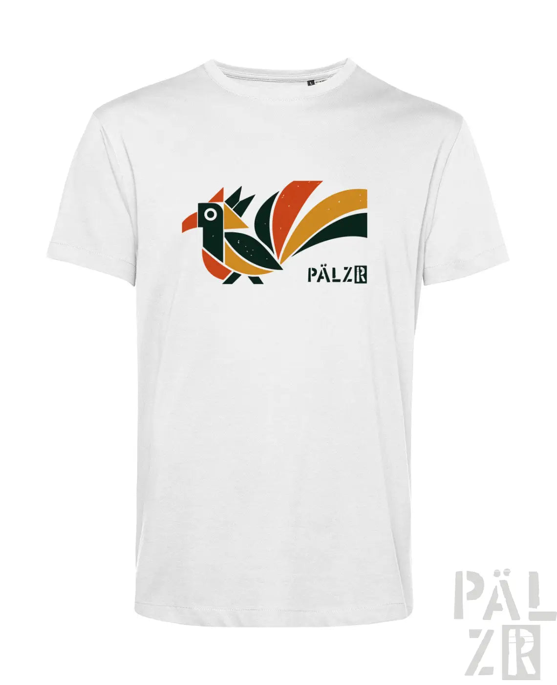 Weißes männer baumwoll t-shirt mit farbigem elwedritsche vogel grafik und pälzb markenname darunter