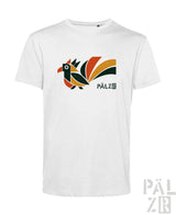 Weißes männer baumwoll t-shirt mit farbigem elwedritsche vogel grafik und pälzb markenname darunter
