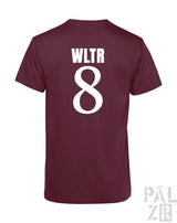 Männer t-shirt aus baumwolle in maroon mit weißem wltr text und großer acht auf der rückseite