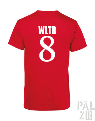 Rote kurzarm herren t-shirt aus baumwolle mit weißem wltr text und großer 8 auf der rückseite in verschiedenen farben