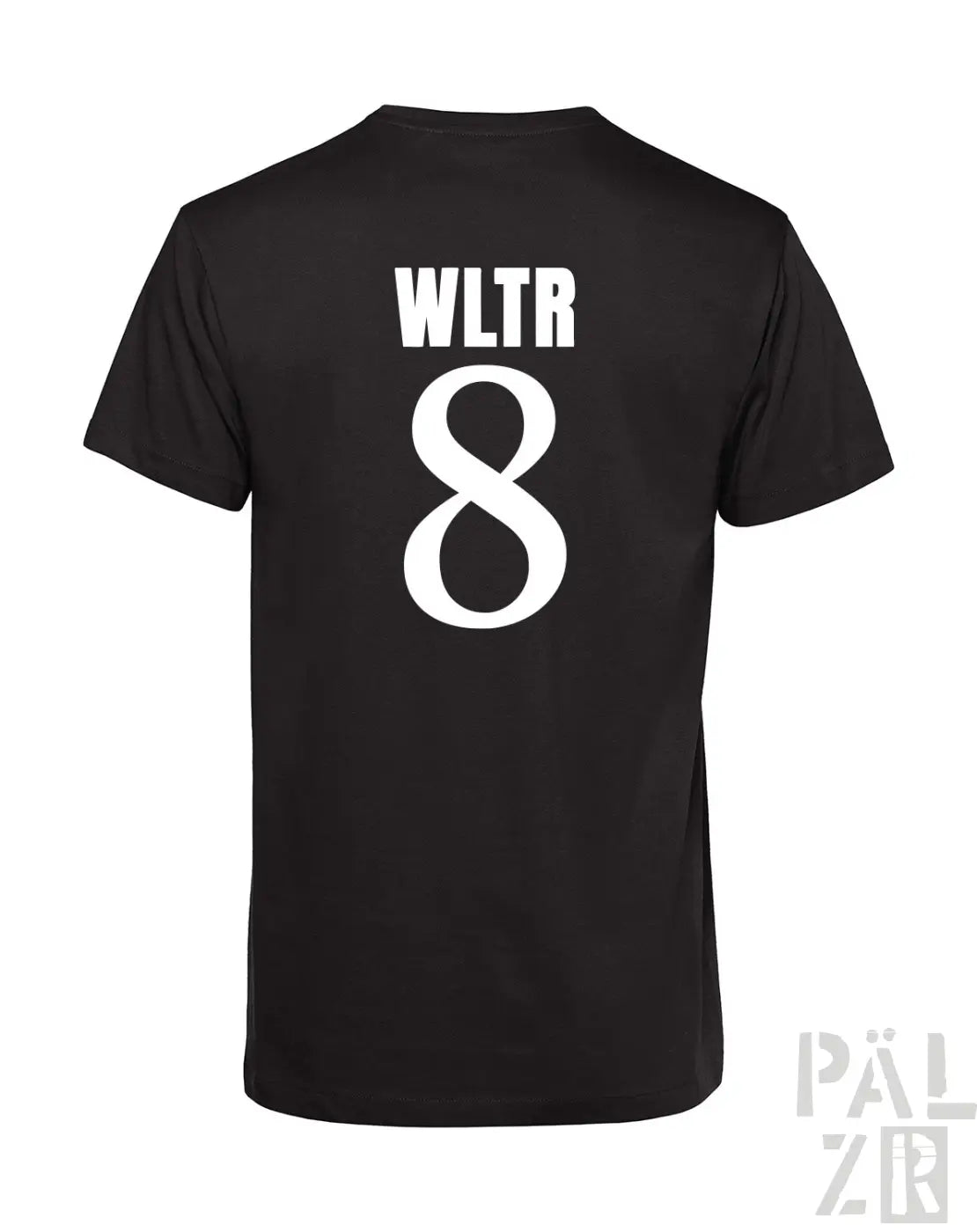 Schwarzes kurzarm-t-shirt männer frtz wltr acht mit weißem wltr und 8 druck auf der rückseite