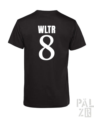 Schwarzes kurzarm-t-shirt männer frtz wltr acht mit weißem wltr und 8 druck auf der rückseite