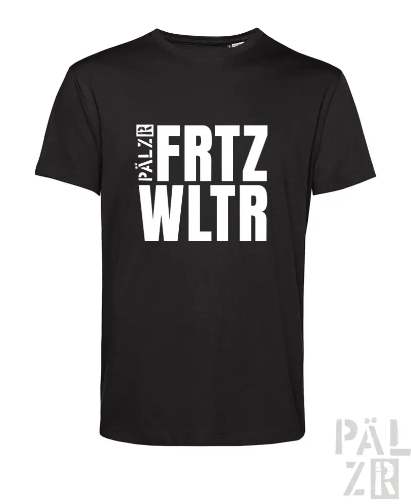 Schwarzes T-Shirt mit weißem Textdesign, das ’palzer frtz wltr’ in fetten, blockartigen Buchstaben zeigt.