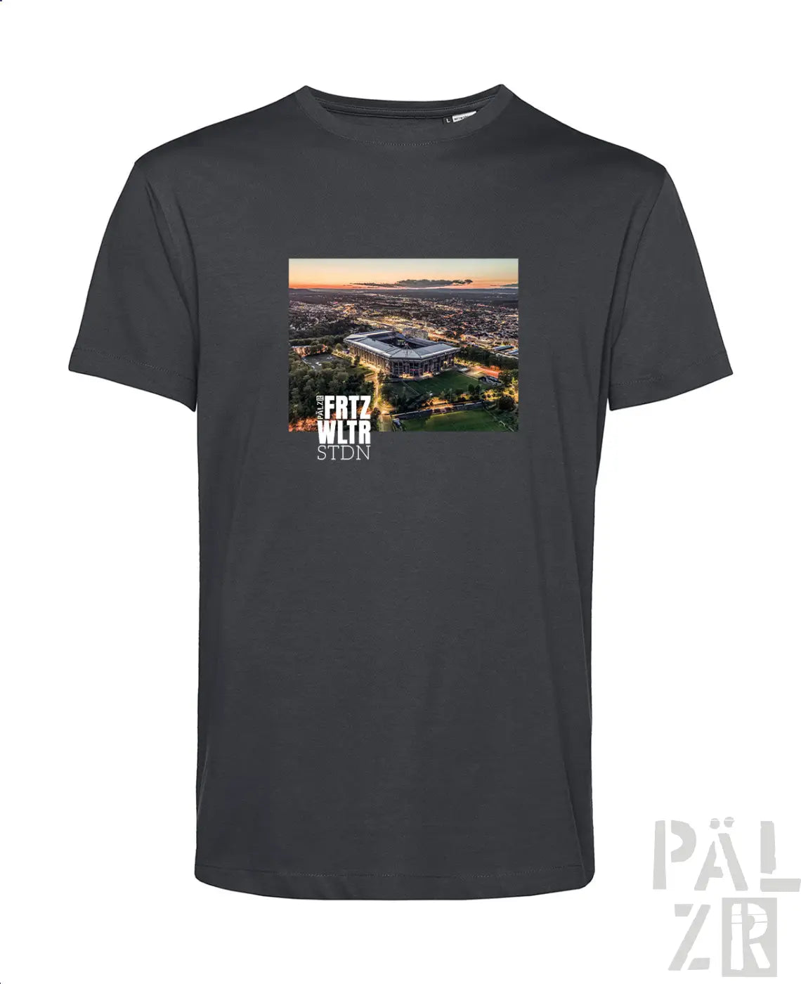 Dunkelgraues männer crew-neck t-shirt mit fritz-walter-stadion sunset print und weißem text in verschiedenen farben