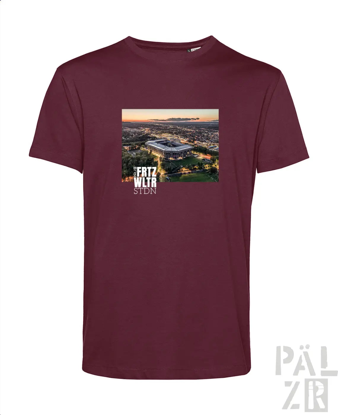 Männer t-shirt aus baumwolle in dunkelrot mit grafischem luftbild des fritz-walter-stadions und weißen schriftzügen