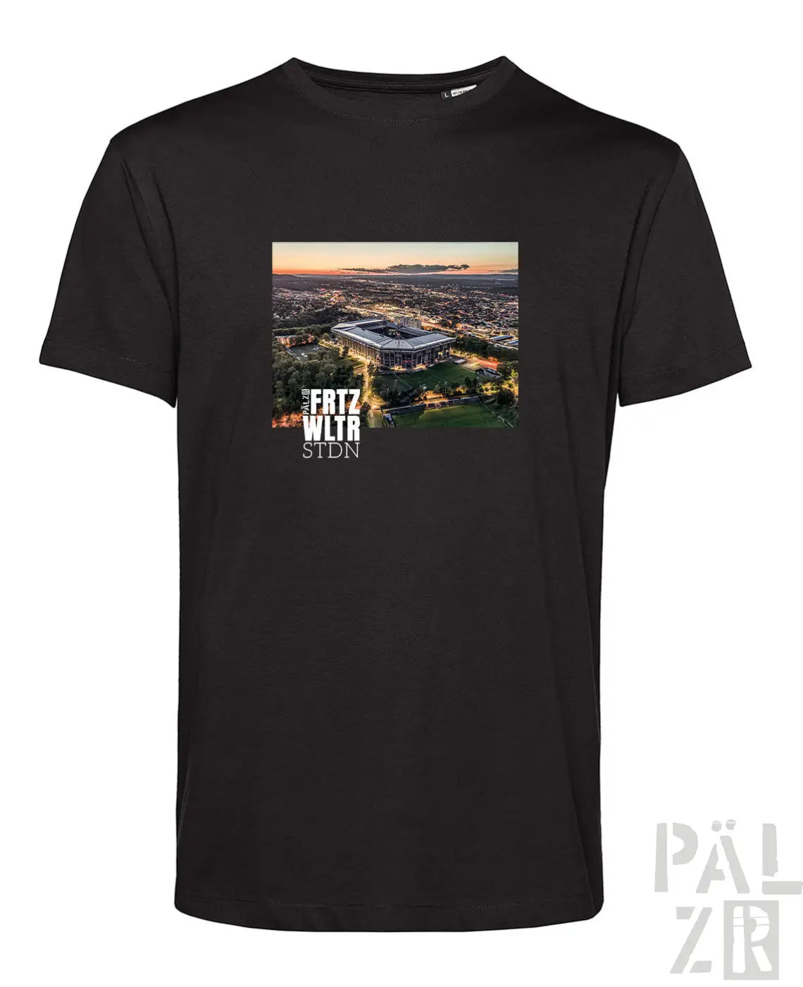 Schwarzes herren t-shirt aus baumwolle mit gedrucktem luftbild des fritz-walter-stadions bei dämmerung