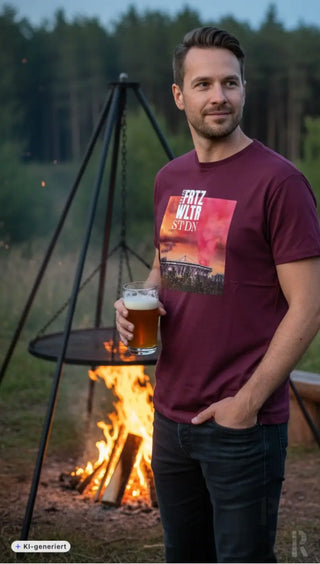 Maroon herren t-shirt mit grafikprint fritz wilr stdn und stadionmotiv vor feurigem himmel in mehreren farben