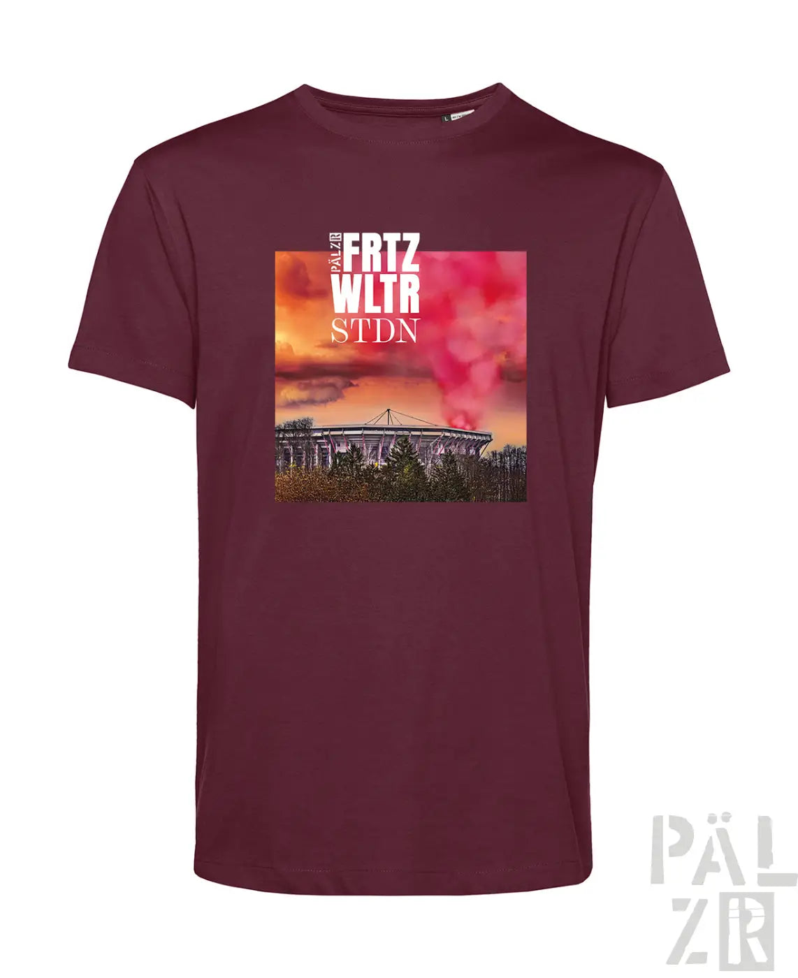 Maroon baumwoll t-shirt männer mit rechteckigem stadion grafikdruck und weißem palazzi fritz wltr stdn text