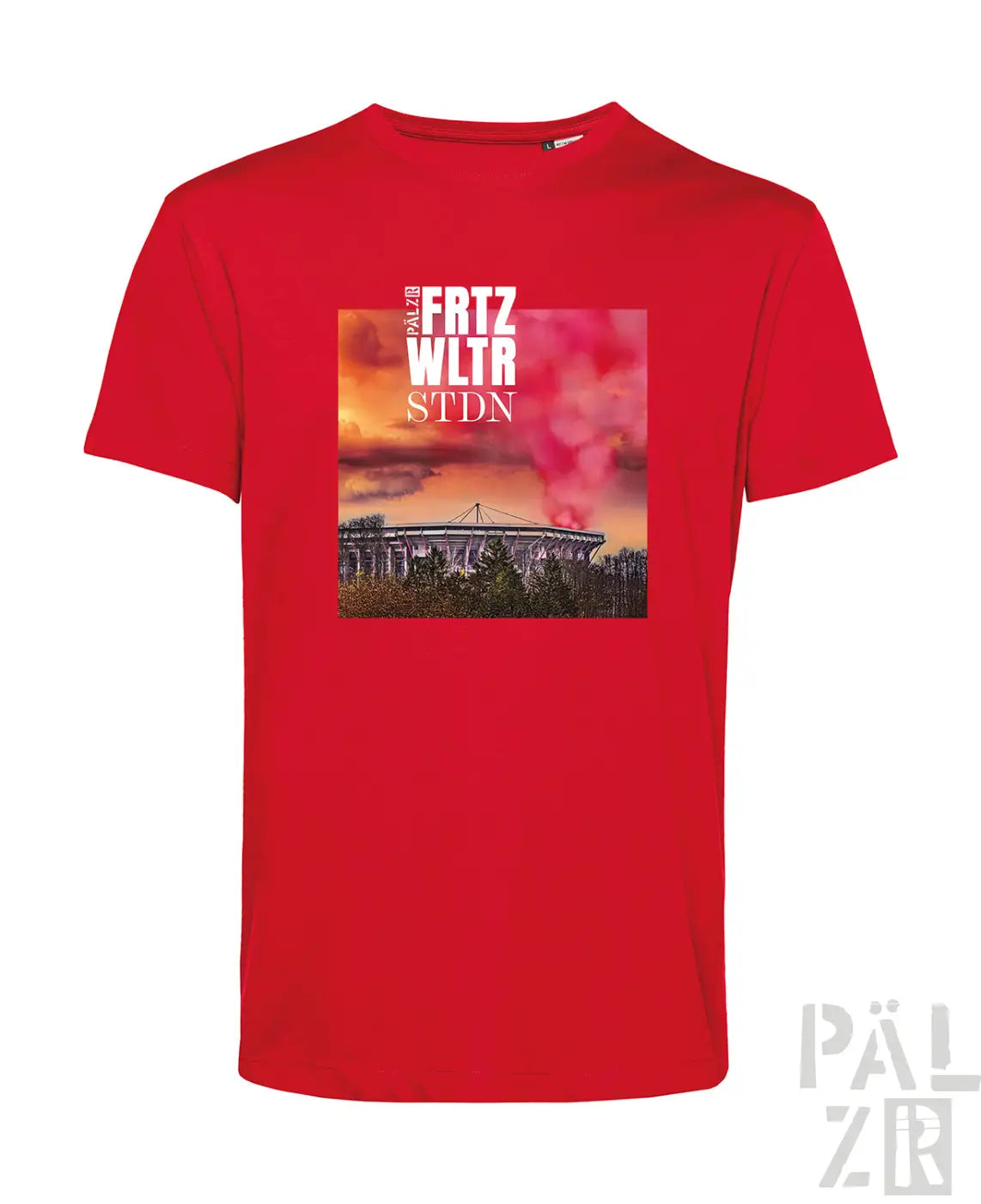 Rotes männer t-shirt aus baumwolle mit rechteckigem stadionmotiv unter dramatischem rosa orangefarbenem himmel