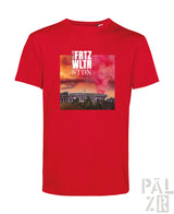 Rotes männer t-shirt aus baumwolle mit rechteckigem stadionmotiv unter dramatischem rosa orangefarbenem himmel