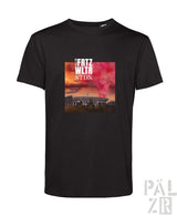 Schwarzes baumwoll-t-shirt männer mit farbigem stadion-print und text fritz wltr stdn unter rosa-orangefarbenem himmel