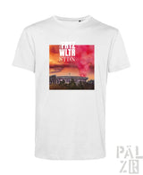 Weißes baumwollmänner t-shirt mit rechteckigem stadionprint und text paul wltr stdn vor orange-pinkem himmel