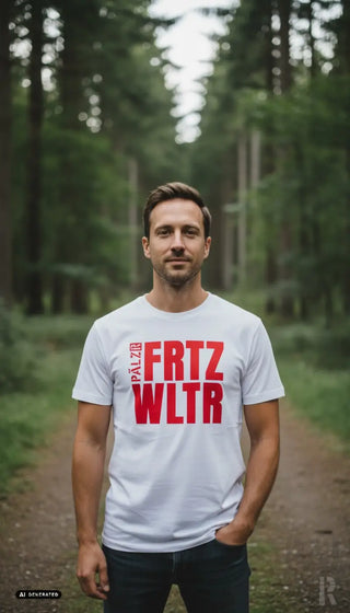 Weißes baumwoll-t-shirt männer mit auffälligem roten vertikaltext palz-db fritz wltr auf der brust