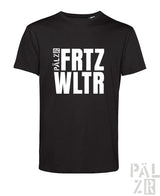 Schwarzes herren t-shirt aus baumwolle mit fettem weißem fritz wltr grafikdruck in verschiedenen farben