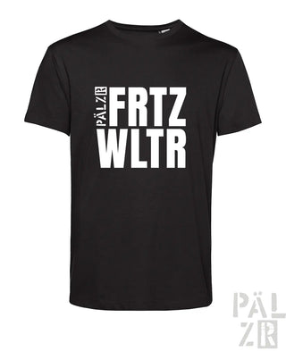 Schwarzes herren t-shirt aus baumwolle mit fettem weißem fritz wltr grafikdruck in verschiedenen farben