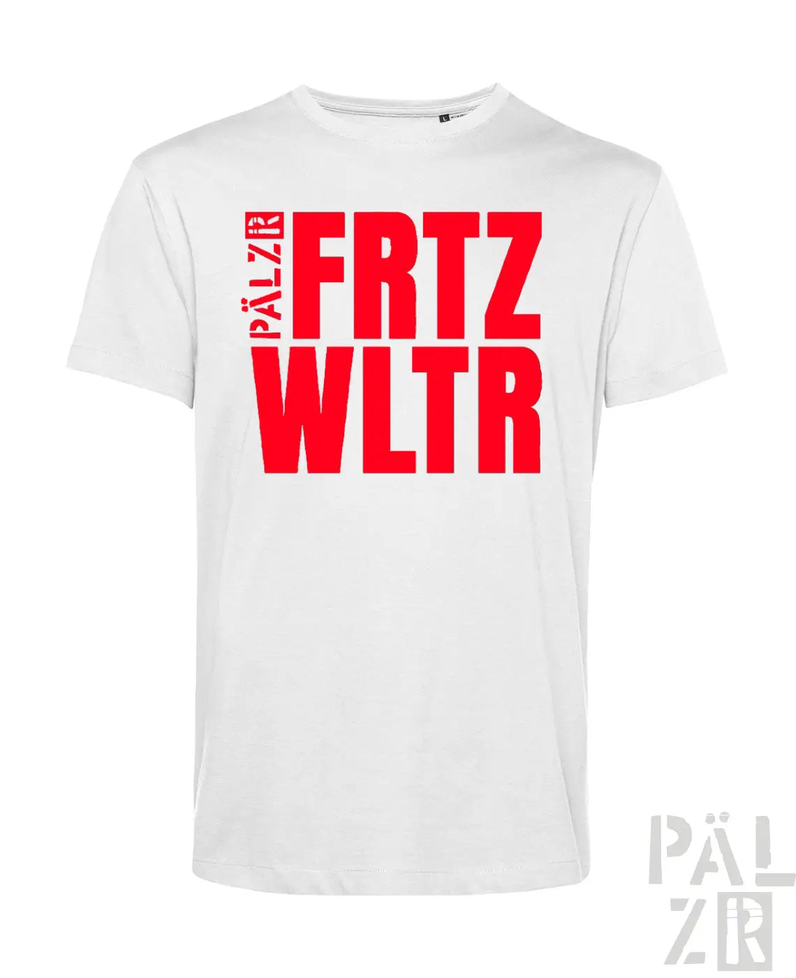 Weißes männer t-shirt aus baumwolle mit rotem bold fritz wltr schriftzug und vertikalem pälzr text links