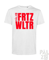 Weißes männer t-shirt aus baumwolle mit rotem bold fritz wltr schriftzug und vertikalem pälzr text links