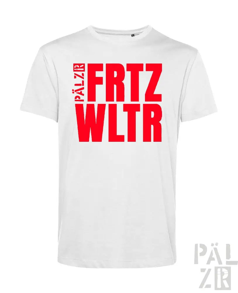 Weißes T-Shirt mit rotem Text „frtz wltr“ und Logo „pälzr“ auf der Vorderseite.