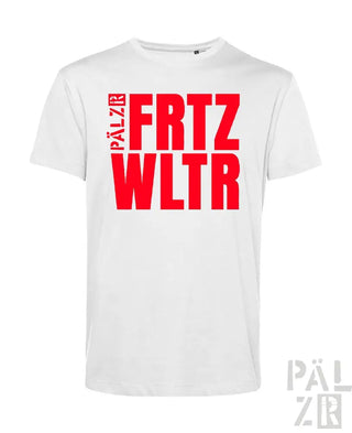 Weißes T-Shirt mit rotem Text „frtz wltr“ und Logo „pälzr“ auf der Vorderseite.