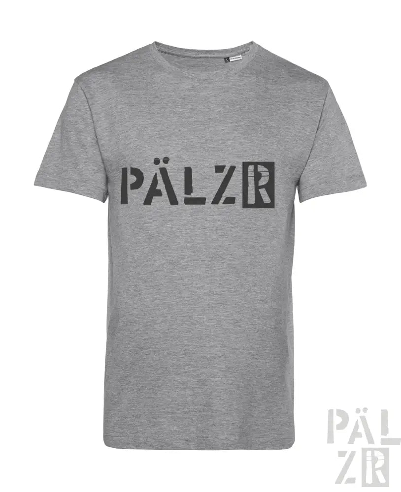 Graue gemusterte Pälzer T-Shirt mit schwarzem Logo-Design.