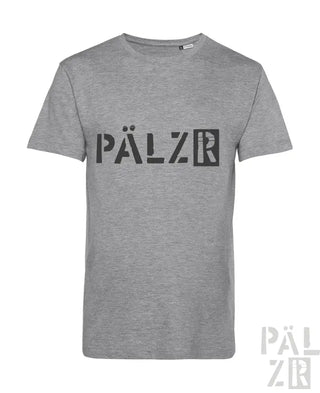 Graue gemusterte Pälzer T-Shirt mit schwarzem Logo-Design.