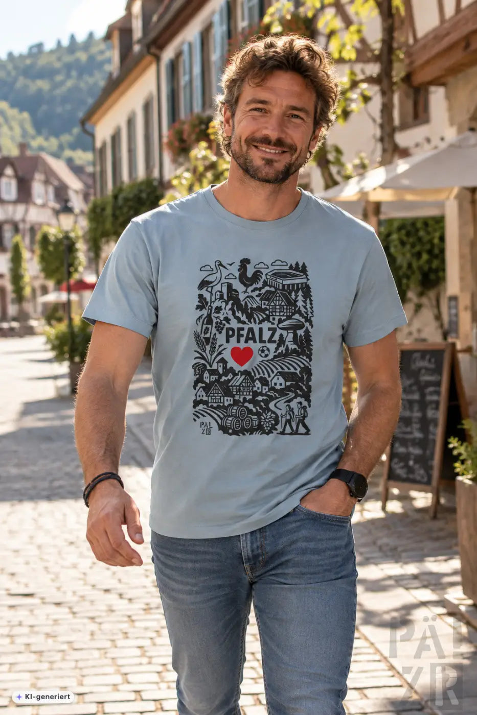 Hellblaues männer kurzarm t-shirt mit schwarzem und rotem pfalz ländlichem design aus der serie herzlich pälzisch
