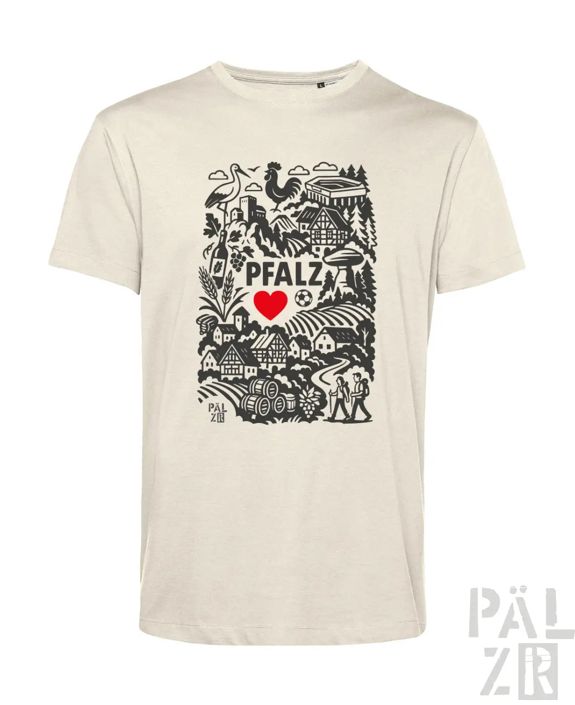 Creamfarbenes männer t-shirt aus organischer baumwolle mit schwarzem und rotem pfalz design und naturmotiven