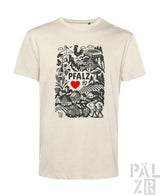 Creamfarbenes männer t-shirt aus organischer baumwolle mit schwarzem und rotem pfalz design und naturmotiven