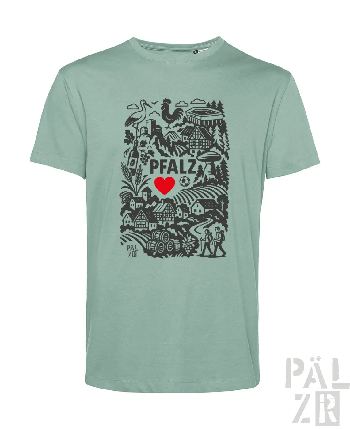Mintgrünes kurzarmshirt für männer mit schwarzem pfalz-region design und rotem herz von p.a.l