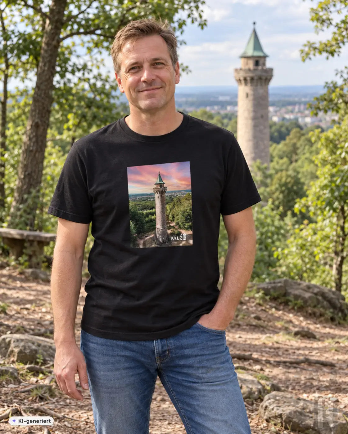 Schwarzes männer t-shirt aus baumwolle mit druck des humbergturms vor einem sonnenuntergangshimmel