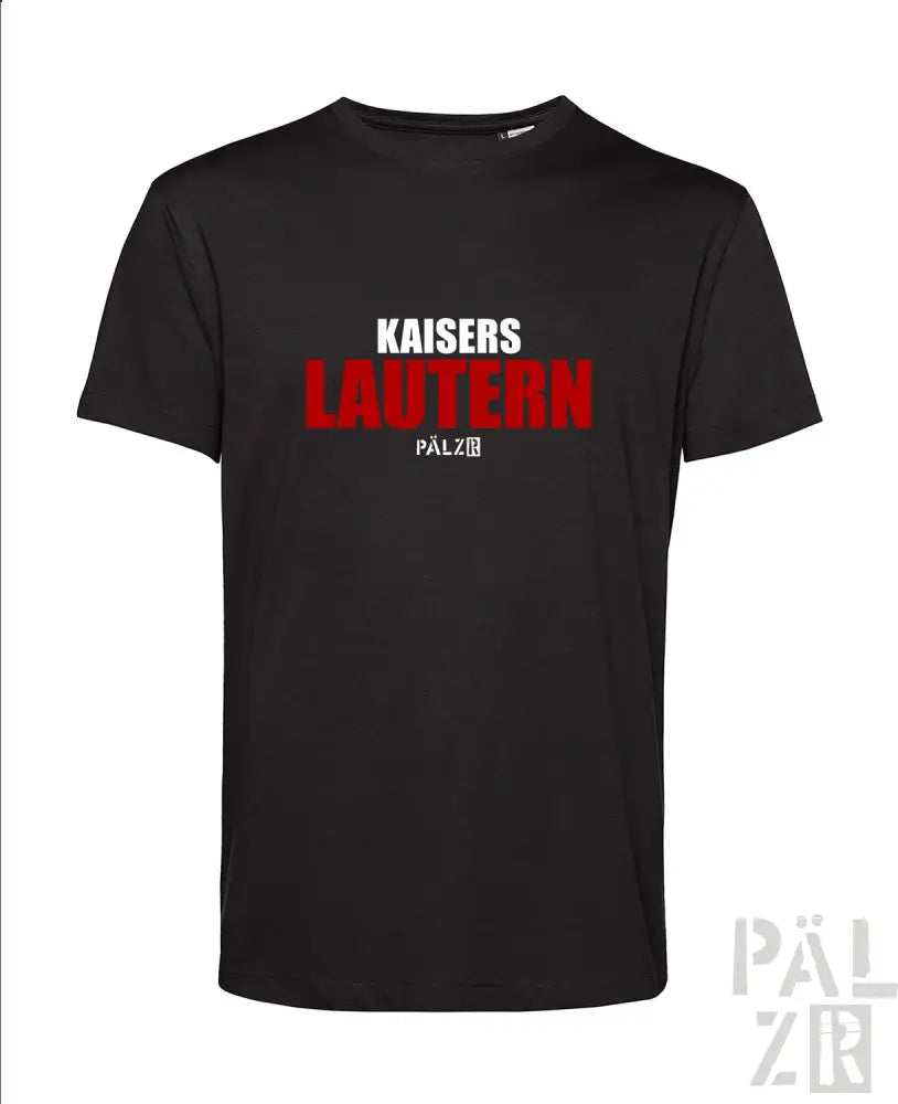 Schwarzes T-Shirt mit ’kaisers lautern’ in rot-weißer Schrift, mit dem Palzir-Logo.