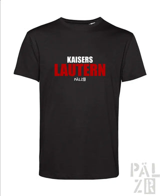 Schwarzes T-Shirt mit ’kaisers lautern’ in rot-weißer Schrift, mit dem Palzir-Logo.