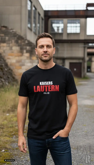 Schwarzes baumwoll-t-shirt männer mit fettem rot-weißem text kaisers lautern palzb auf der brust in verschiedenen farben