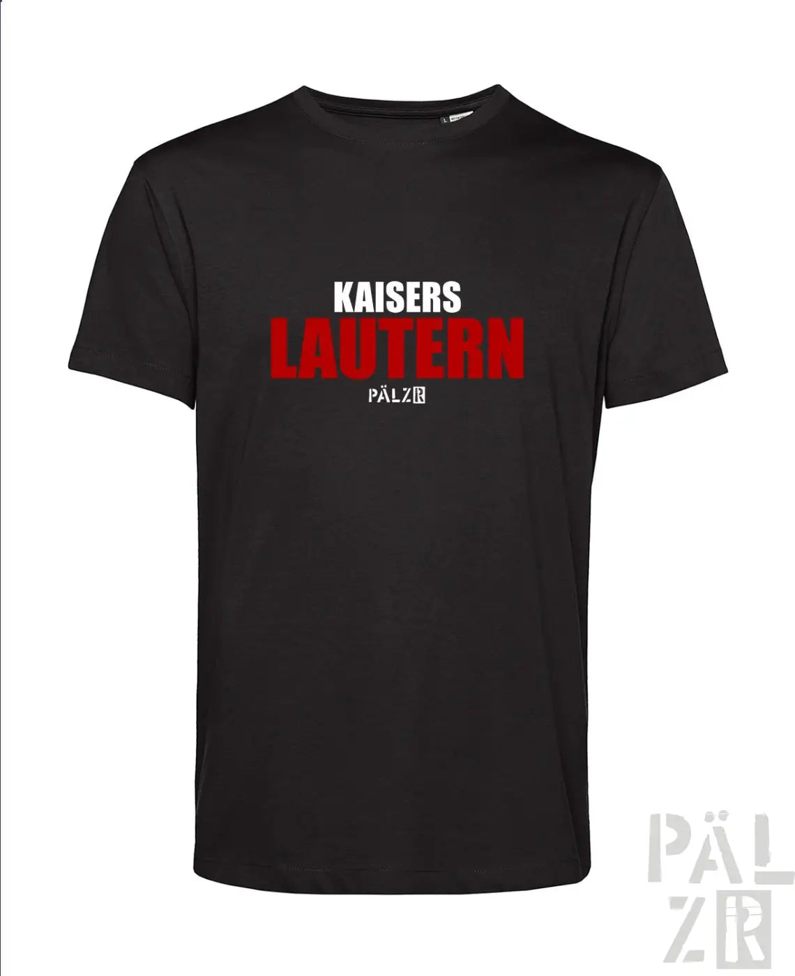 Schwarzes männer kurzarm t-shirt aus baumwolle mit rotem und weißem kaisers lautern pälz schriftzug
