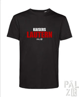Schwarzes männer kurzarm t-shirt aus baumwolle mit rotem und weißem kaisers lautern pälz schriftzug