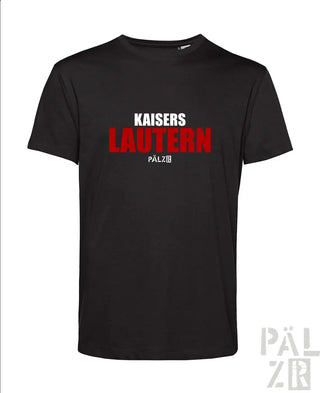 Schwarzes männer kurzarm t-shirt aus baumwolle mit rotem und weißem kaisers lautern pälz schriftzug