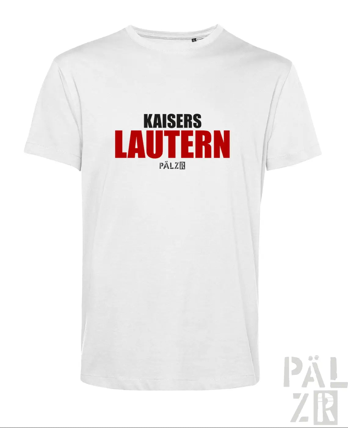 Weiße baumwoll männer t-shirt mit rotem und schwarzem kaisers lautern pälz schriftzug auf der brust