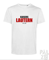 Weiße baumwoll männer t-shirt mit rotem und schwarzem kaisers lautern pälz schriftzug auf der brust
