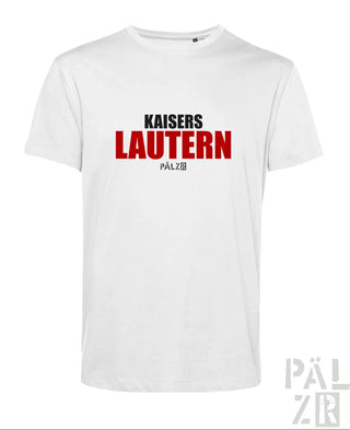 Weiße baumwoll männer t-shirt mit rotem und schwarzem kaisers lautern pälz schriftzug auf der brust