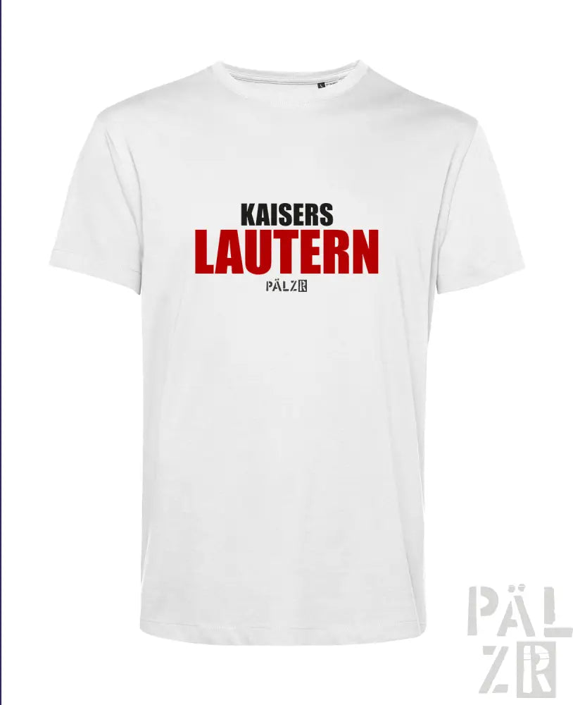 Weißes T-Shirt mit ’kaisers lautern’ und ’pälzer’ in Rot, schwarzer Text auf der Vorderseite.